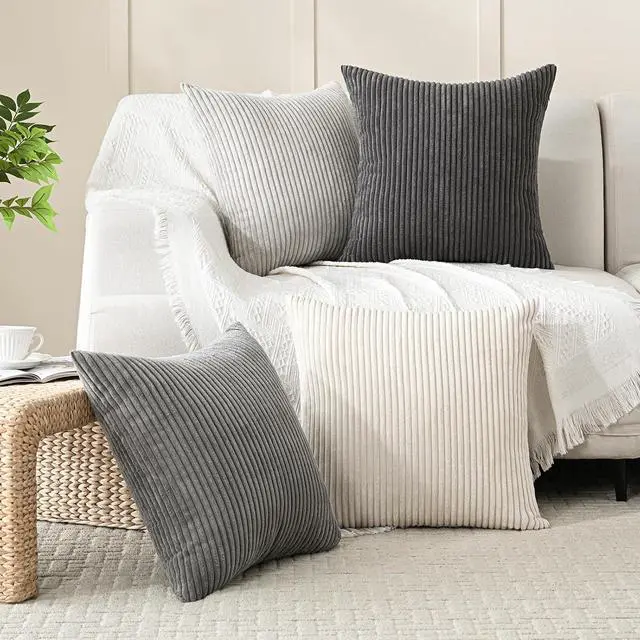 Alt view image 5 of 6 - Set of 4 Neutral Grey Corduroy Decorative Couch Throw Pillow Covers 18x18 Inch Western Modern Farmhouse Striped Cushion Cases Soft Boho Square Accent Pillow Covers for Home Sofa