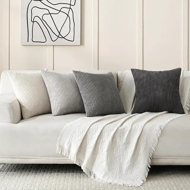 Alt view image 6 of 6 - Set of 4 Neutral Grey Corduroy Decorative Couch Throw Pillow Covers 18x18 Inch Western Modern Farmhouse Striped Cushion Cases Soft Boho Square Accent Pillow Covers for Home Sofa