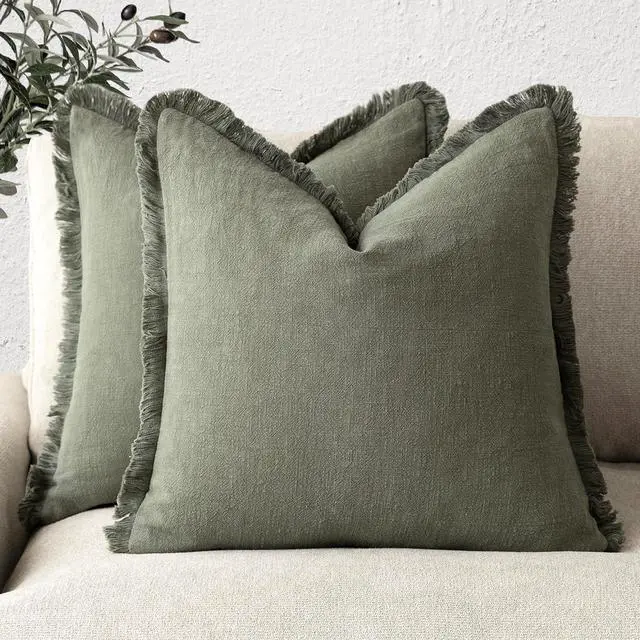 Main image of Set of 2 Decorative Linen Fringe Throw Pillow Covers Cozy Farmhouse Boho Cushion Cover with Tassels Soft Accent Pillowcase for Couch Sofa Bed Living Room Home Decor 20×20 Inch Olive Green