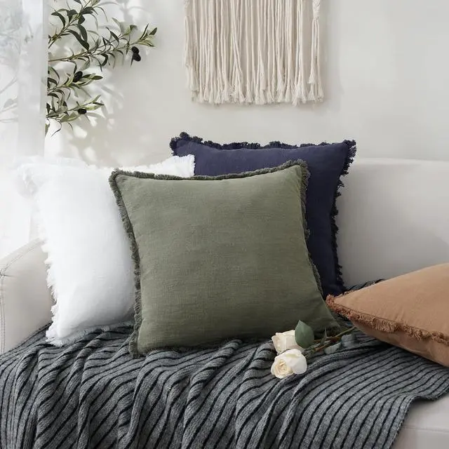 Alt view image 5 of 7 - Set of 2 Decorative Linen Fringe Throw Pillow Covers Cozy Farmhouse Boho Cushion Cover with Tassels Soft Accent Pillowcase for Couch Sofa Bed Living Room Home Decor 20×20 Inch Olive Green
