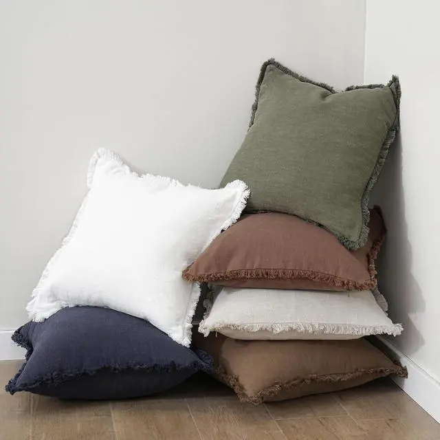 Alt view image 6 of 7 - Set of 2 Decorative Linen Fringe Throw Pillow Covers Cozy Farmhouse Boho Cushion Cover with Tassels Soft Accent Pillowcase for Couch Sofa Bed Living Room Home Decor 20×20 Inch Olive Green