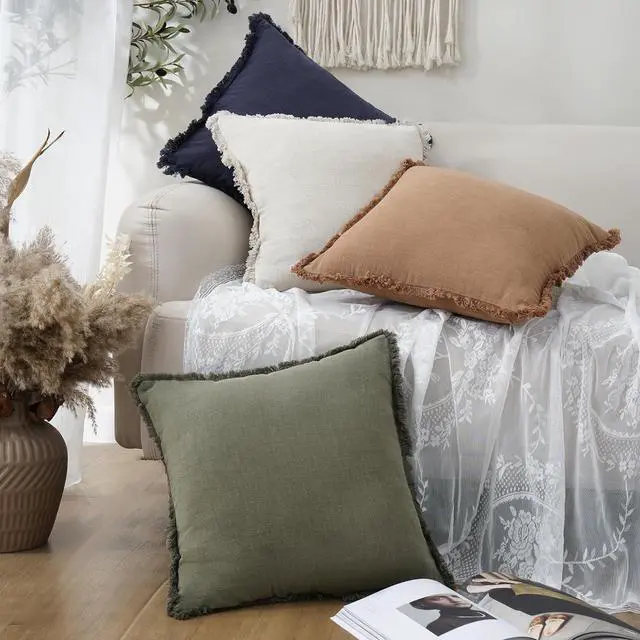 Alt view image 7 of 7 - Set of 2 Decorative Linen Fringe Throw Pillow Covers Cozy Farmhouse Boho Cushion Cover with Tassels Soft Accent Pillowcase for Couch Sofa Bed Living Room Home Decor 20×20 Inch Olive Green