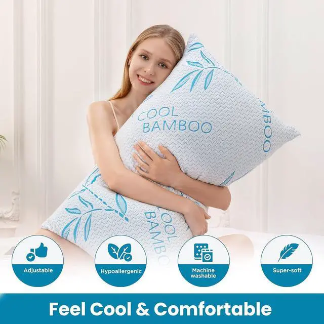 Main image of Queen Size 2 Pack Rayon Made from Bamboo Pillows for Sleeping Cooling Shredded Memory Foam Adjustable Bed Pillow with Removable/Washable Cover (Queen 2 Pack)