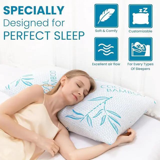 Alt view image 3 of 3 - Queen Size 2 Pack Rayon Made from Bamboo Pillows for Sleeping Cooling Shredded Memory Foam Adjustable Bed Pillow with Removable/Washable Cover (Queen 2 Pack)