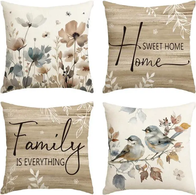 Main image of Chinoiserie Poppy Flowers Chickadee Spring Home Sweet Home Throw Pillow Covers 18 x 18 Inch Fall Autumn Family is Everything Decorations for Sofa Couch Set of 4