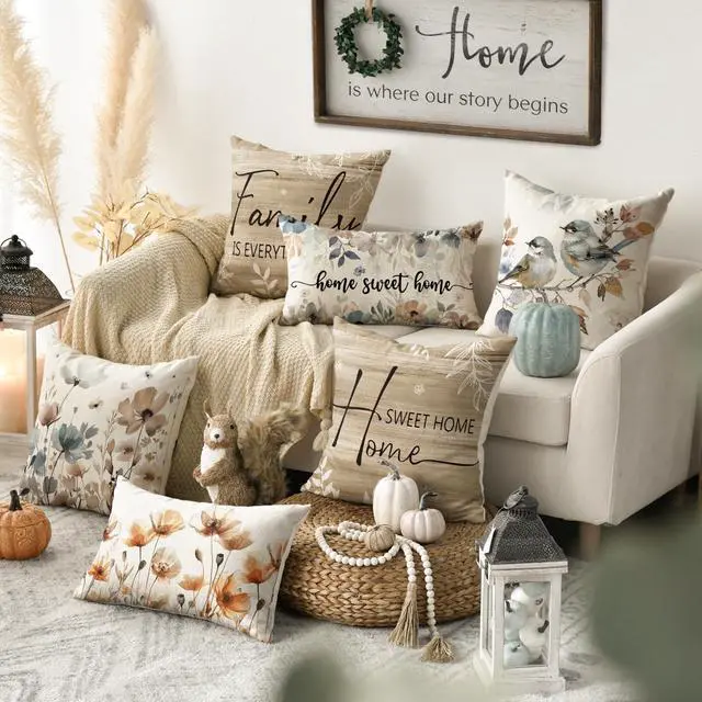 Alt view image 2 of 7 - Chinoiserie Poppy Flowers Chickadee Spring Home Sweet Home Throw Pillow Covers 18 x 18 Inch Fall Autumn Family is Everything Decorations for Sofa Couch Set of 4