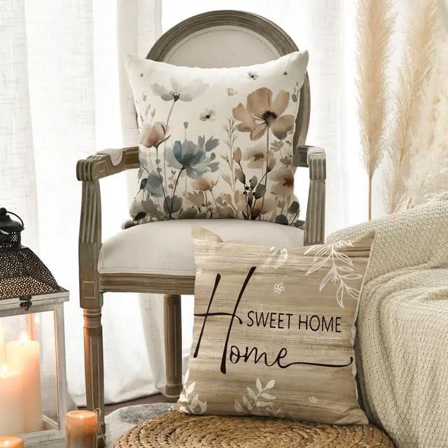 Alt view image 3 of 7 - Chinoiserie Poppy Flowers Chickadee Spring Home Sweet Home Throw Pillow Covers 18 x 18 Inch Fall Autumn Family is Everything Decorations for Sofa Couch Set of 4