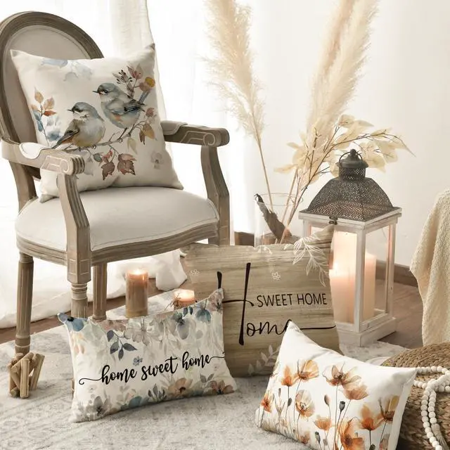 Alt view image 4 of 7 - Chinoiserie Poppy Flowers Chickadee Spring Home Sweet Home Throw Pillow Covers 18 x 18 Inch Fall Autumn Family is Everything Decorations for Sofa Couch Set of 4