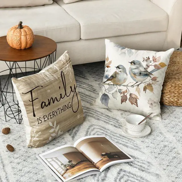Alt view image 5 of 7 - Chinoiserie Poppy Flowers Chickadee Spring Home Sweet Home Throw Pillow Covers 18 x 18 Inch Fall Autumn Family is Everything Decorations for Sofa Couch Set of 4