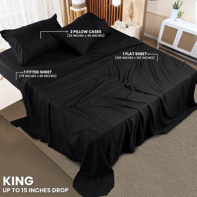 Alt view image 2 of 6 - King Sheet Set  4 Piece Bed Sheets for King Size Bed Soft and Breathable Microfiber Includes 1 Fitted Sheet 1 Flat Sheet and 2 Pillowcases (Black)