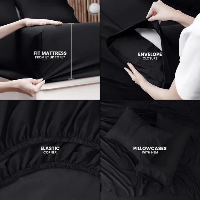 Alt view image 4 of 6 - King Sheet Set  4 Piece Bed Sheets for King Size Bed Soft and Breathable Microfiber Includes 1 Fitted Sheet 1 Flat Sheet and 2 Pillowcases (Black)