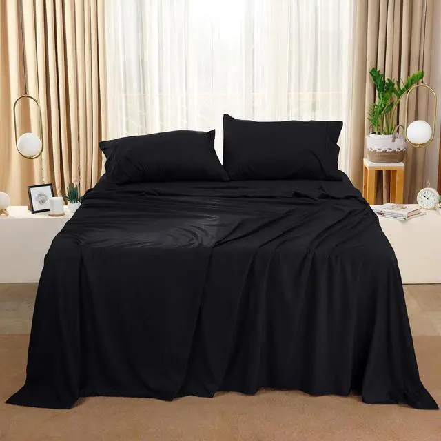 Alt view image 6 of 6 - King Sheet Set  4 Piece Bed Sheets for King Size Bed Soft and Breathable Microfiber Includes 1 Fitted Sheet 1 Flat Sheet and 2 Pillowcases (Black)