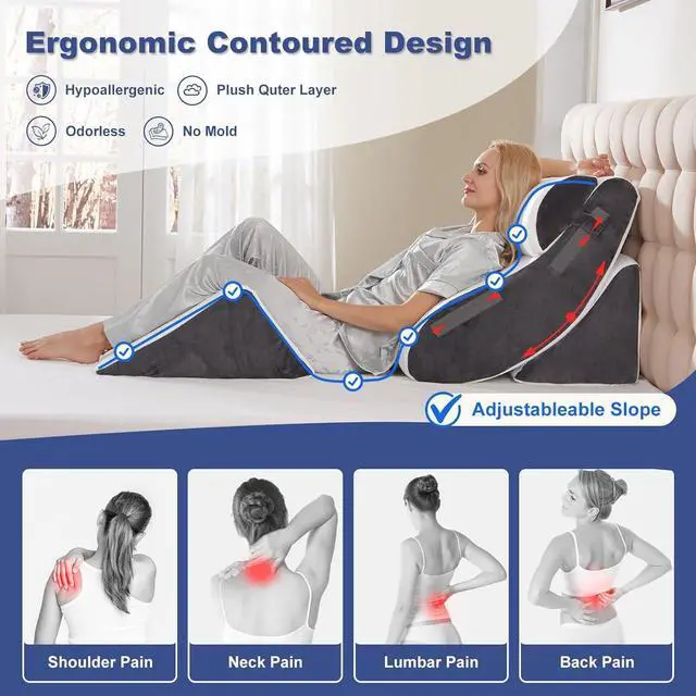 Alt view image 3 of 7 - 4PCS Orthopedic Bed Wedge Pillow Set for Sleeping Post Surgery Foam Support Pillows for Back Neck and Leg Pain Relief Adjustable Triangle Pillow  Acid Reflux GERD & Snoring Recovery White Grey