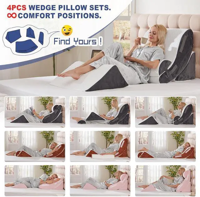 Alt view image 6 of 7 - 4PCS Orthopedic Bed Wedge Pillow Set for Sleeping Post Surgery Foam Support Pillows for Back Neck and Leg Pain Relief Adjustable Triangle Pillow  Acid Reflux GERD & Snoring Recovery White Grey