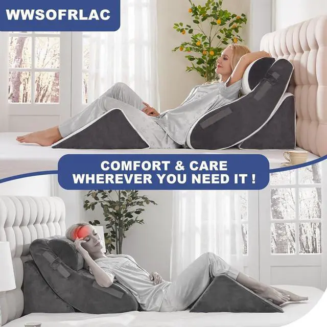 Alt view image 7 of 7 - 4PCS Orthopedic Bed Wedge Pillow Set for Sleeping Post Surgery Foam Support Pillows for Back Neck and Leg Pain Relief Adjustable Triangle Pillow  Acid Reflux GERD & Snoring Recovery White Grey