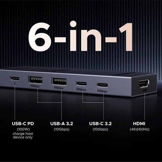 Alt view image 2 of 7 - Revodok Pro USB-C Hub 6 in 1 10Gbps 4K 60Hz HDMI 100W Power Delivery for MacBook Pro/Air iPad Pro Thinkpad Rog Ally and More.