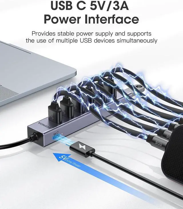 Alt view image 4 of 7 - USB to USB Hub Long Cable 8 Ports USB 3.0 Adapter with 7 USB 3.0 Data Ports USB Splitter with USB C 5V/3A Power Port 47IN/120CM Main Cable for Laptop PC and More (USB A 47IN)