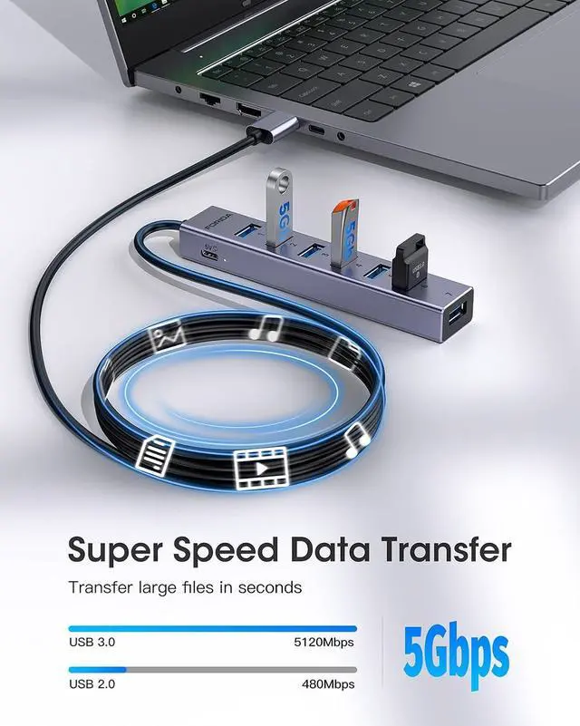 Alt view image 5 of 7 - USB to USB Hub Long Cable 8 Ports USB 3.0 Adapter with 7 USB 3.0 Data Ports USB Splitter with USB C 5V/3A Power Port 47IN/120CM Main Cable for Laptop PC and More (USB A 47IN)