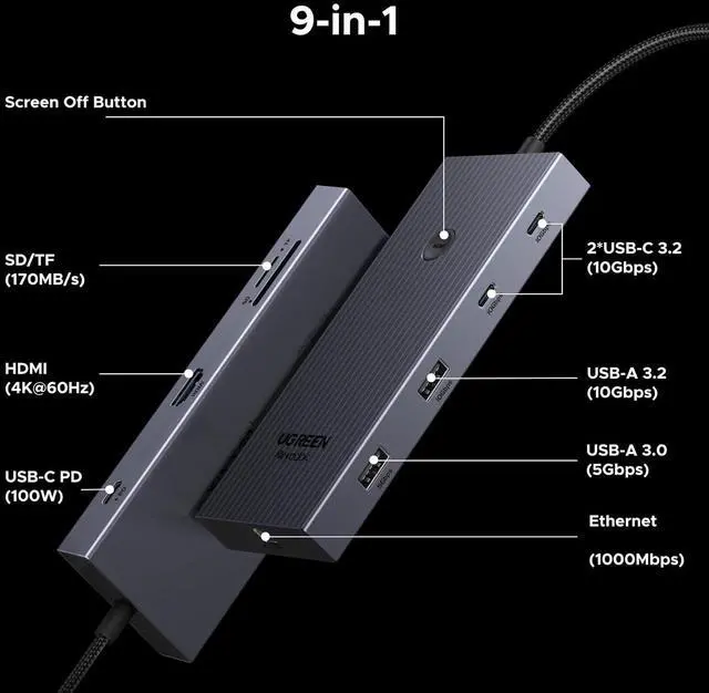 Alt view image 2 of 7 - UGREEN Revodok Pro USB C Hub 9-in-1, Multiport Adapter with 4K@60Hz HDMI, 2 USB-C 3.2, USB-A 3.2 & 3.0, SD/TF 170MB/s, RJ45, PD 100W, Compatible with MacBook Air/Pro, iPad Pro, Steam Deck