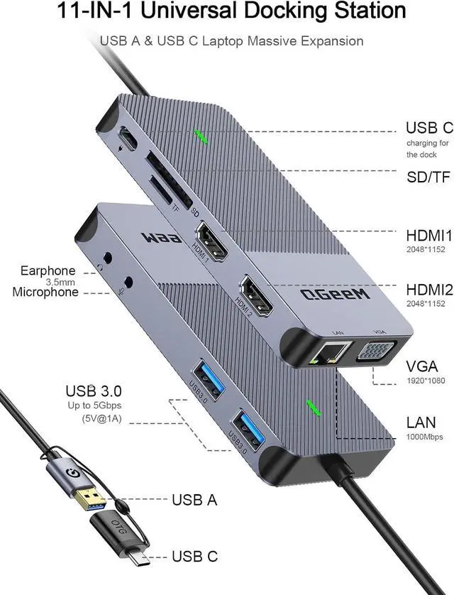 Alt view image 2 of 7 - USB 3.0 Laptop Docking Station Triple Display USB Hub Hdmi Splitter Extender Dual Monitor USB Dock with 2 HDMI VGA USB 3.0 Card Reder Compatible for MacBook M1 M2 M3 M4  HP  Mac OS