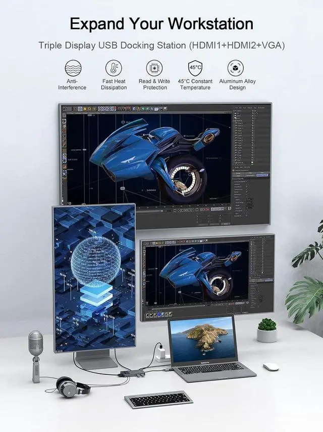 Alt view image 3 of 7 - USB 3.0 Laptop Docking Station Triple Display USB Hub Hdmi Splitter Extender Dual Monitor USB Dock with 2 HDMI VGA USB 3.0 Card Reder Compatible for MacBook M1 M2 M3 M4  HP  Mac OS