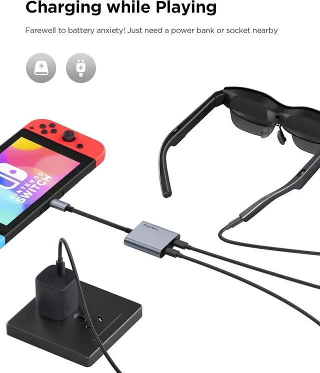 Alt view image 3 of 7 - USB-C to Glasses Charging Adapter Charge and Play Compatible with Switch 2 ROG Ally PS4/5 Xbox Mac mini Laptop Support 100W PD Charging and 4K@60 Hz Compatible