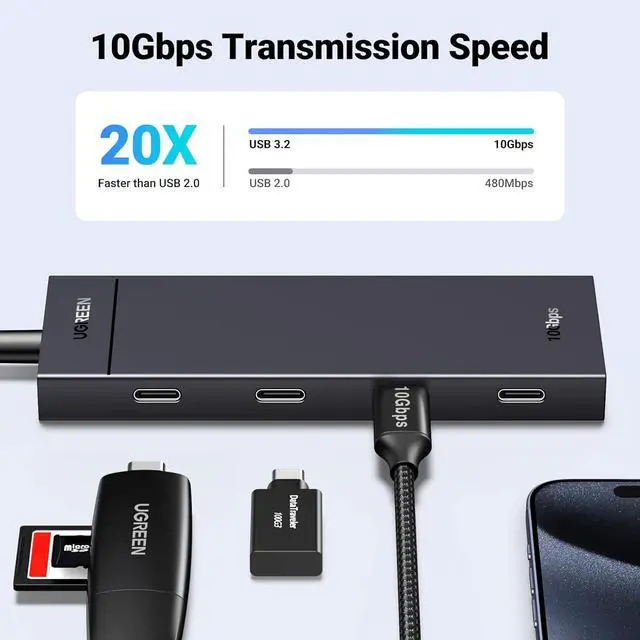 Alt view image 2 of 7 - USB-C Hub 4-Port 10Gbps Data Only USB 3.2 Hub Multiport Adapter Compatible with MacBook Pro MacBook Air iPad Pro iPad mini 6 and iPhone 15 Plug and Play 0.3ft Cable