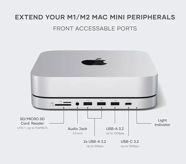 Alt view image 3 of 6 - Mac mini Hub & Stand with SSD Enclosure for NVME/SATA M.2 Mac mini Dock with USB C 10Gbps 3 USB A 5/10Gbps 2.0 Audio Jack for Mac Studio Mac mini M2/M1 (Not Compatible with M4) - Silver