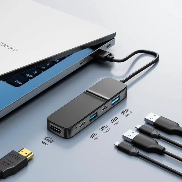 Alt view image 2 of 7 - USB to HDMI Adapter Dual USB C USB A 3.0 Hub: 5 Ports with 2* USB-C and 2* USB-A and 1* HDMI Extend for TV DVD Player Projector Monitor Laptop PS4 Flash Drive HDD Xbox Printer etc - 5 in 1