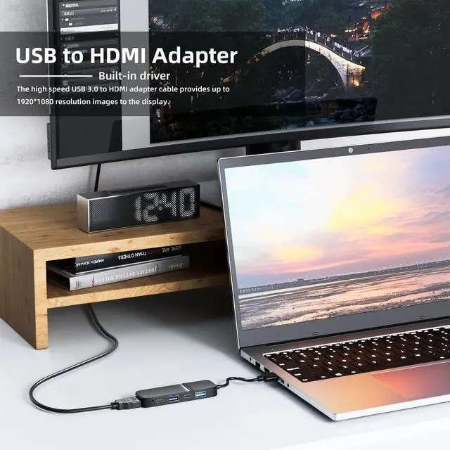 Alt view image 4 of 7 - USB to HDMI Adapter Dual USB C USB A 3.0 Hub: 5 Ports with 2* USB-C and 2* USB-A and 1* HDMI Extend for TV DVD Player Projector Monitor Laptop PS4 Flash Drive HDD Xbox Printer etc - 5 in 1