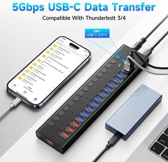 Alt view image 6 of 7 - Powered USB 3.0 Hub 16-Port USB C Hub Splitter (10 USB 3.0+2 QC 3.0+2 Smart Charging+2 USB-C 3.0) with Individual Switches 12V 7.5A 90W UL Certified Power Adapter for Laptop Mac PC Computer