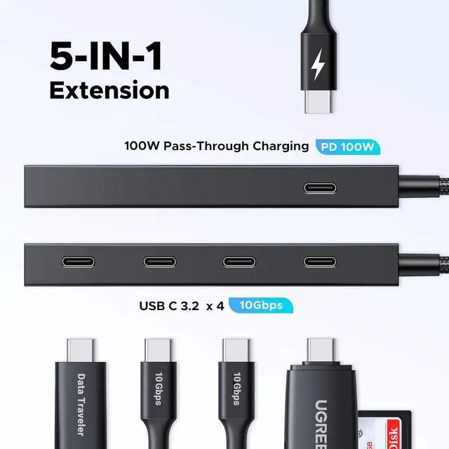 Alt view image 2 of 7 - Powered 100W 10Gbps USB C Hub - 5 in 1 Adapter with 4 USB-C 100W PD Ports for MacBook/Air iPad Pro iPhone Surface Laptops and More