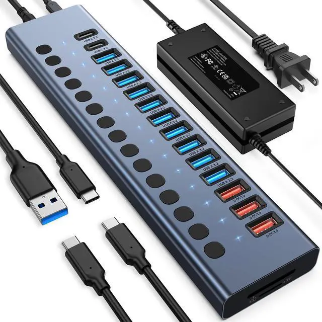 Main image of Powered USB Hub 10Gbps 17 Ports 96W USB 3.2 Hub(10 USB-A 3.2 Ports+3 QC 24W Fast Charging Ports+2 USB-C 3.2 Ports+SD/TF Card Reader) 12V/8A Power Adapter for Laptop PC Computer HDD Flash Drive