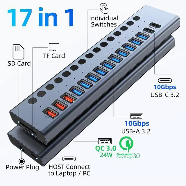 Alt view image 2 of 7 - Powered USB Hub 10Gbps 17 Ports 96W USB 3.2 Hub(10 USB-A 3.2 Ports+3 QC 24W Fast Charging Ports+2 USB-C 3.2 Ports+SD/TF Card Reader) 12V/8A Power Adapter for Laptop PC Computer HDD Flash Drive