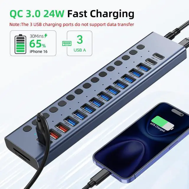 Alt view image 4 of 7 - Powered USB Hub 10Gbps 17 Ports 96W USB 3.2 Hub(10 USB-A 3.2 Ports+3 QC 24W Fast Charging Ports+2 USB-C 3.2 Ports+SD/TF Card Reader) 12V/8A Power Adapter for Laptop PC Computer HDD Flash Drive