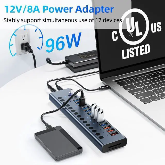 Alt view image 5 of 7 - Powered USB Hub 10Gbps 17 Ports 96W USB 3.2 Hub(10 USB-A 3.2 Ports+3 QC 24W Fast Charging Ports+2 USB-C 3.2 Ports+SD/TF Card Reader) 12V/8A Power Adapter for Laptop PC Computer HDD Flash Drive