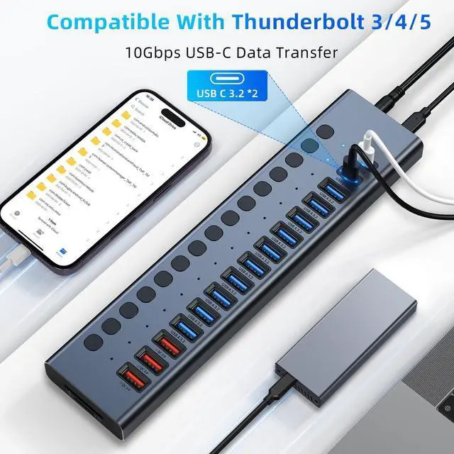 Alt view image 6 of 7 - Powered USB Hub 10Gbps 17 Ports 96W USB 3.2 Hub(10 USB-A 3.2 Ports+3 QC 24W Fast Charging Ports+2 USB-C 3.2 Ports+SD/TF Card Reader) 12V/8A Power Adapter for Laptop PC Computer HDD Flash Drive