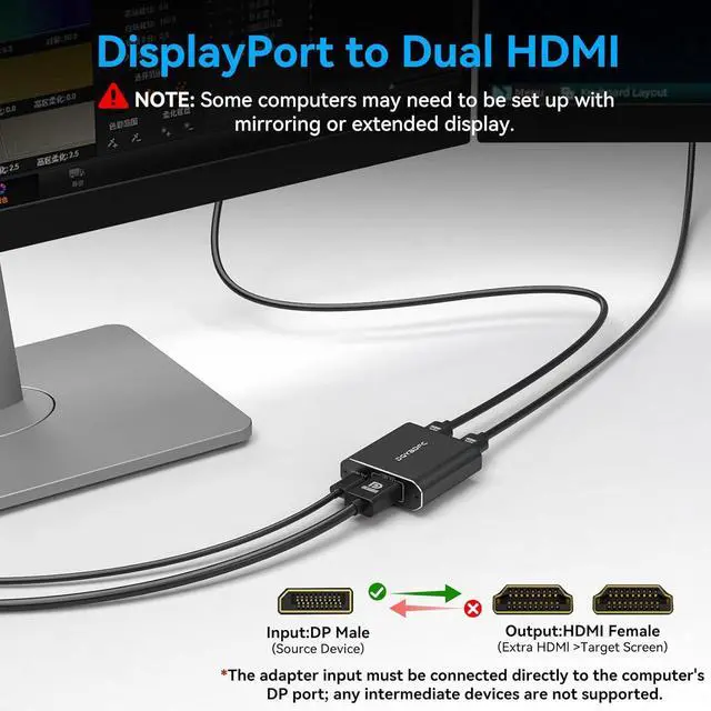 Alt view image 3 of 7 - 4K60Hz Displayport to Dual HDMI Adapter for PC Laptop Graphics Card DP 1.4 to 2 HDMI2.0 Monitors Extension Display Displayport to HDMI Splitter 1 in 2 Out Hub MST Extend Mode for Windows Only