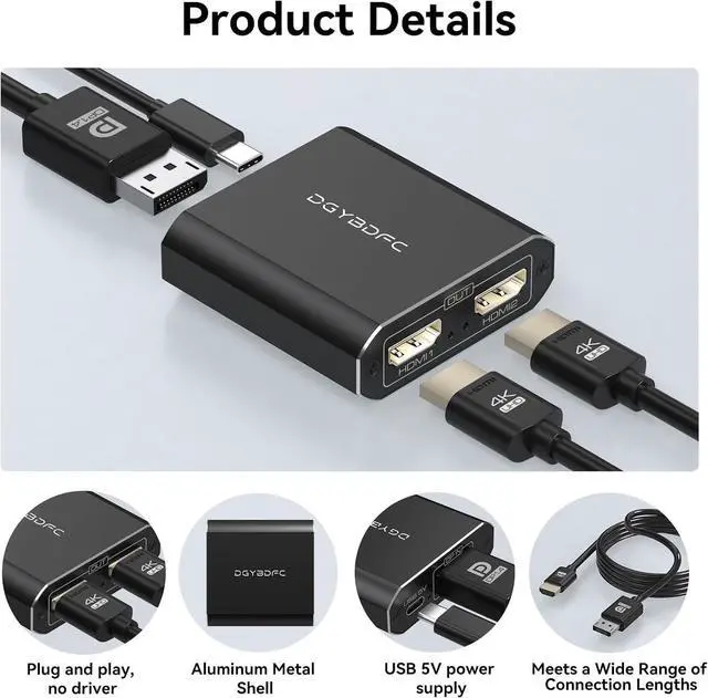 Alt view image 7 of 7 - 4K60Hz Displayport to Dual HDMI Adapter for PC Laptop Graphics Card DP 1.4 to 2 HDMI2.0 Monitors Extension Display Displayport to HDMI Splitter 1 in 2 Out Hub MST Extend Mode for Windows Only