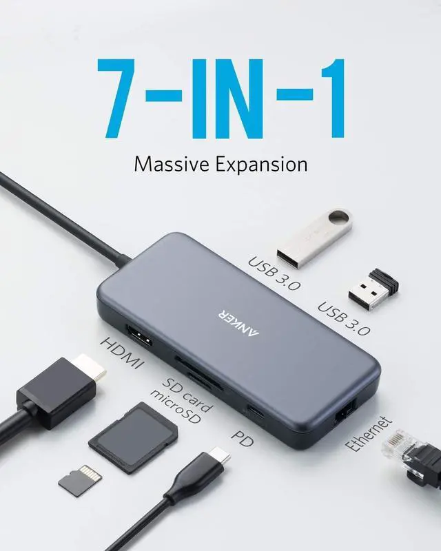 Alt view image 2 of 7 - USB C Hub 7-in-1 USB C Adapter with 4K HDMI 60W Power Delivery 1Gbps Ethernet 2 3.0 Ports SD and microSD Card Readers for MacBook Pro and Other Laptops