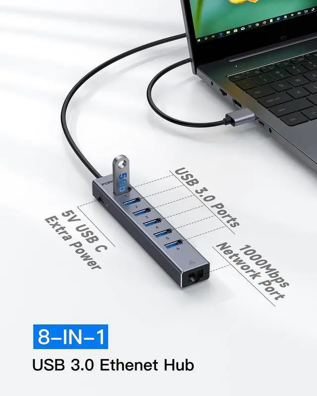 Alt view image 3 of 7 - 7 Port USB Hub USB Ethernet HUB with 3.9ft Long Cable for Laptop, USB Splitter with Gigabit Ethernet Port and 5V/3A Power Port, MultiPort Aluminum Expander for Laptop, iMac, PC, Flash Drives