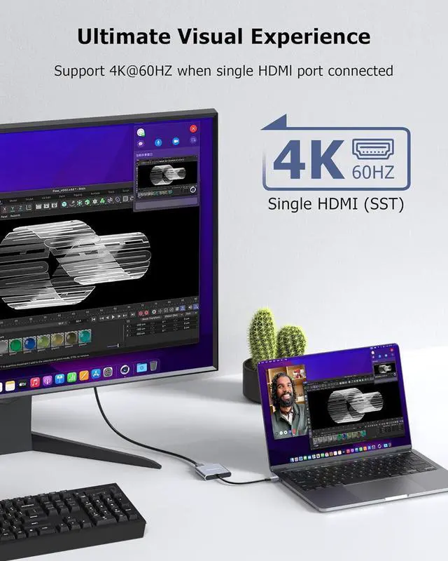 Alt view image 2 of 7 - Dual HDMI Adapter for 2 Monitors Extended Display 1 in 2 Out USB C to HDMI Splitter for Laptop MacBook Pro/Air Support 4K@30Hz Double Monitors or 4K@60Hz Single Monitor