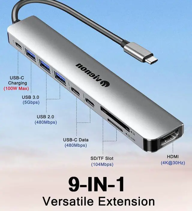 Alt view image 2 of 7 - USB C Hub HDMI Adapter for Monitor VIENON 9 in 1 USB Type C Laptop Docking Station with 4K HDMI SD/TF Card Reader 100W PD USB 3.0/2.0 USB C Data Ports Compatible for MacBook Pro XPS More
