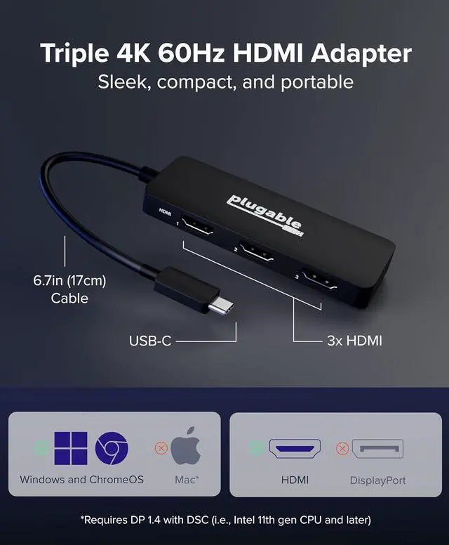 Alt view image 6 of 7 - USB C to HDMI Multi Monitor Adapter | Triple 4K60 Displays | Driverless MST Hub for Windows Chrome OS USB-C Thunderbolt USB4 Laptops | Multi HDMI Ports HDR & HDCP Compliant (USBC-MSTH3)