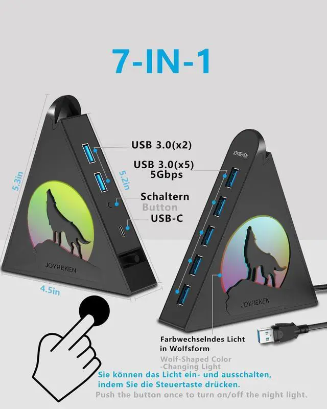 Alt view image 2 of 7 - 7-Port USB 3.0 Hub Vertical USB Hub Splitter with RGB Lighting 5Gbps High-Speed Data Transfer and 2FT Extension Cable Compatible with PC MacBook Laptop PS5 Xbox Flash Drive Printer