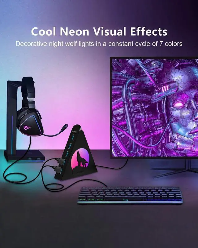 Alt view image 5 of 7 - 7-Port USB 3.0 Hub Vertical USB Hub Splitter with RGB Lighting 5Gbps High-Speed Data Transfer and 2FT Extension Cable Compatible with PC MacBook Laptop PS5 Xbox Flash Drive Printer