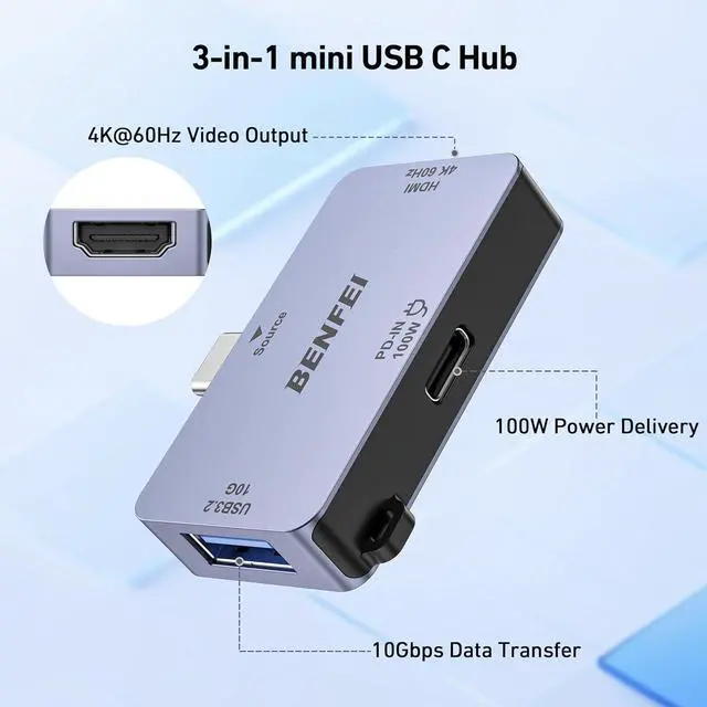 Alt view image 3 of 6 - USB C Hub 3-in-1 Super Compact USB-C to HDMI 4K@60Hz 10Gbps USB-A 100W Power Delivery Compatible with iPad Pro MacBook Pro/Air iMac iPhone 16/15 Pro/Pro Max XPS Thinkpad and More