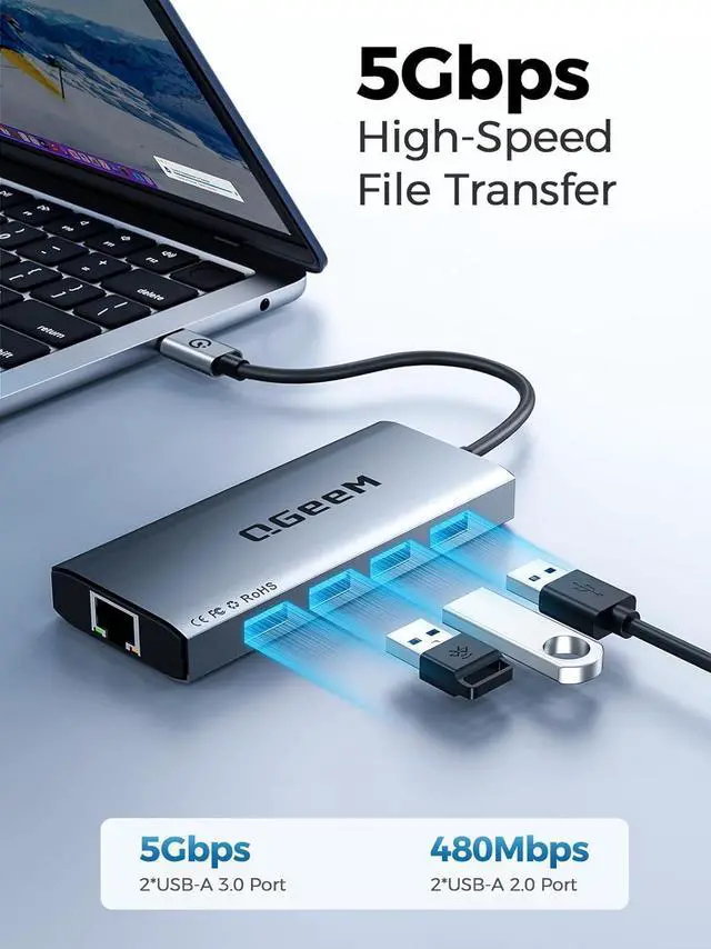 Alt view image 4 of 7 - USB C Hub Ethernet 9 in 1 USB Type C Hub HDMI Multi-Port Converter Adapter 100W Pd USB 3.0 SD/TF Card Reader Compatible for MacBook Pro Air Ipad HP   Chromebook etc.