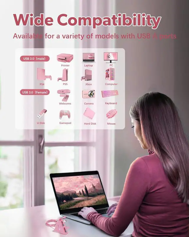 Alt view image 4 of 7 - 4-Port USB 3.0 Hub FlyingVHUB Vertical Data USB Hub with 2 ft Extended Cable for Mac PC Xbox One PS4 PS5 iMac Surface Pro XPS Laptop Desktop Flash Drive Mobile HDD(Pink)