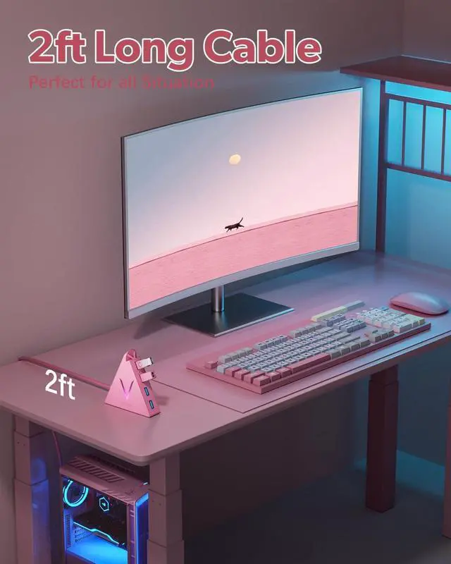 Alt view image 6 of 7 - 4-Port USB 3.0 Hub FlyingVHUB Vertical Data USB Hub with 2 ft Extended Cable for Mac PC Xbox One PS4 PS5 iMac Surface Pro XPS Laptop Desktop Flash Drive Mobile HDD(Pink)